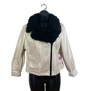 vtg y2kJuicy Couture pearly white Faux Fur Collar faux leather moto jacket L new